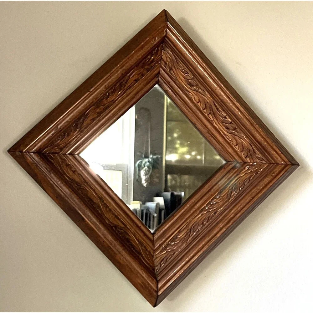 Vintage Rustic Carved Wood Square Accent Mirror Ornate 8.5 x 8.5